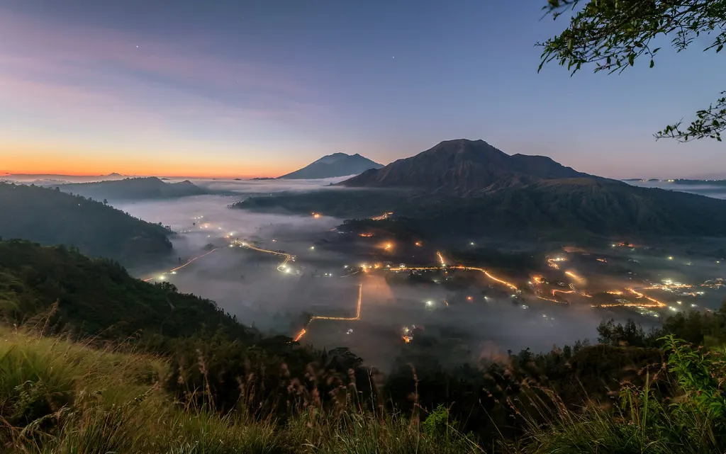 Sunrise over Mount Batur and Kintamani village, Bali